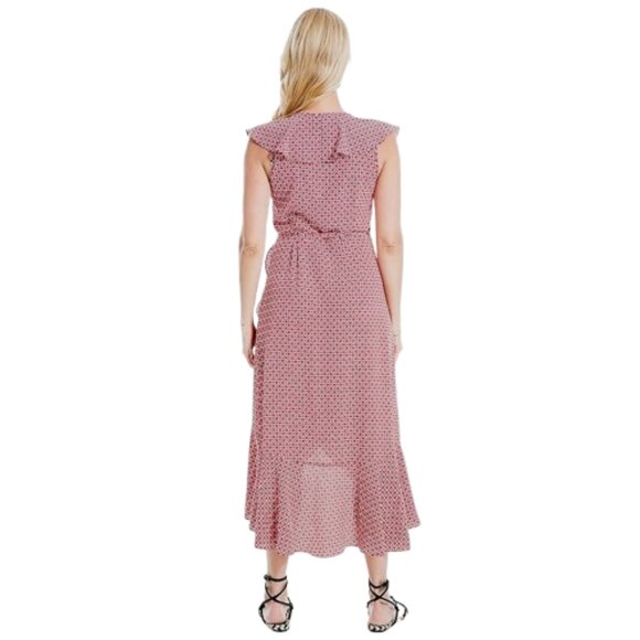 NWT Max Studio Womens Size Large Red Geometric Floral Ruffle Wrap Midi Dress NEW - Picture 3 of 7